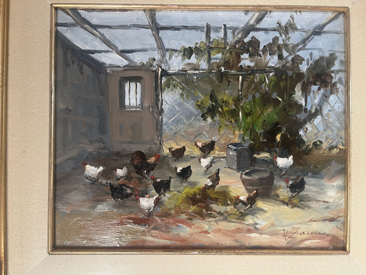 Mid-Century Neapolitan Oil Painting: "Nel Pollaio" (In the Chicken Coop)