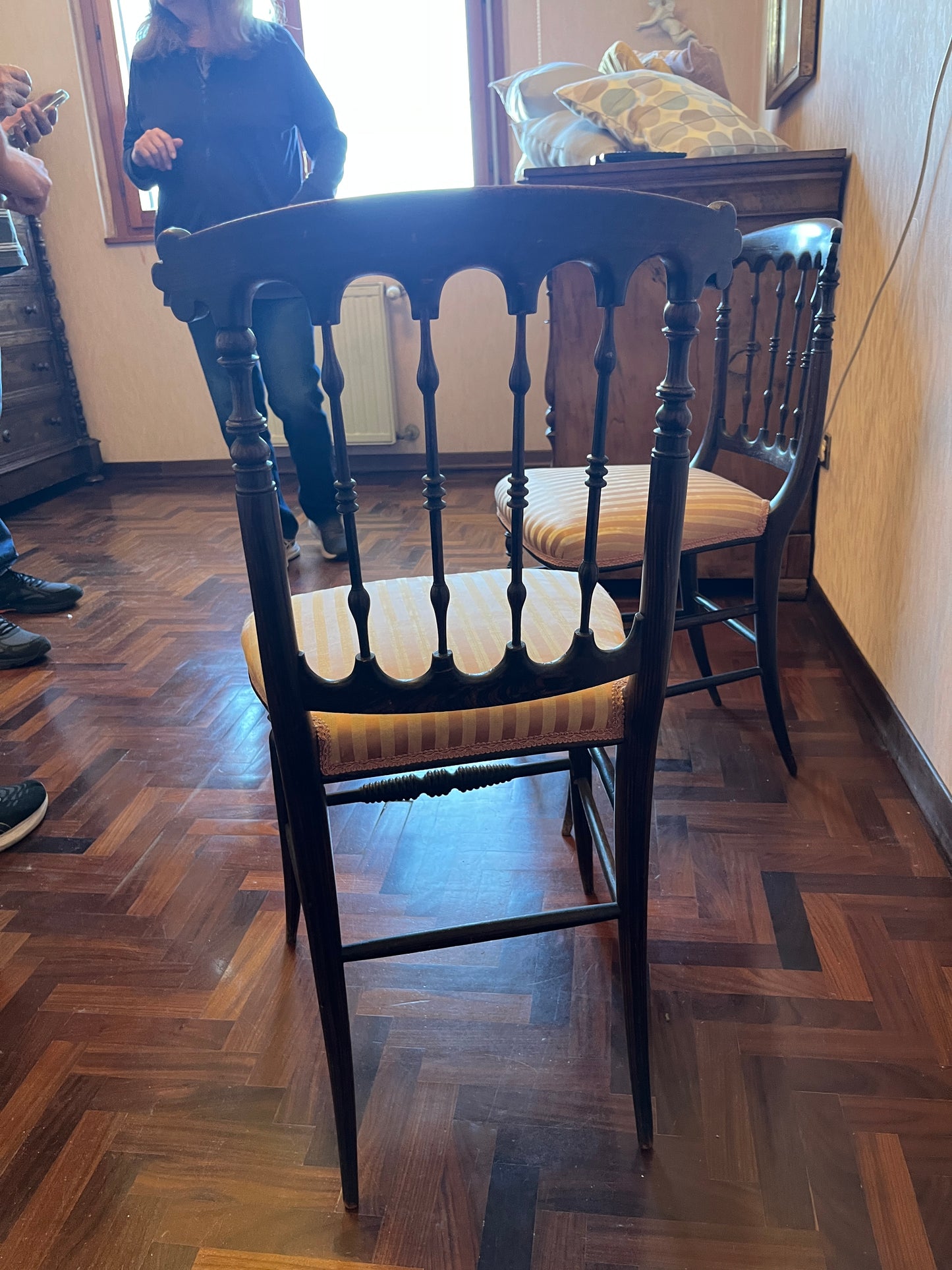 Pair of Ebonized Victorian Chairs with Original Striped Upholstery, circa 1860–1890
