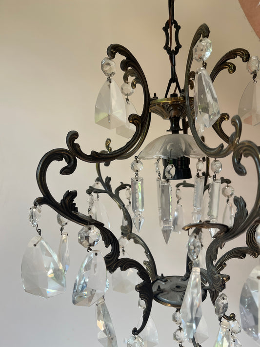 Italian Bronze & Crystal Pendant Chandelier, Four-Arm Rococo