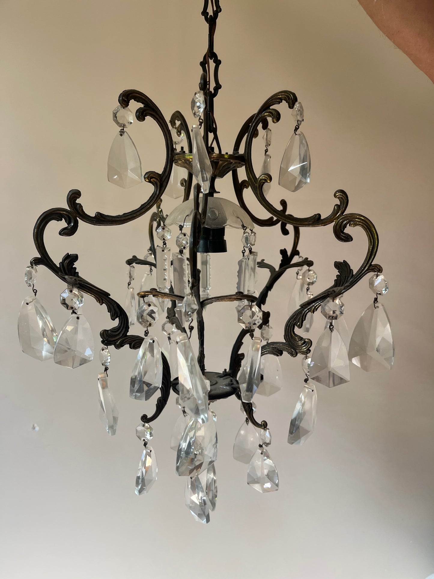 Italian Bronze & Crystal Pendant Chandelier, Four-Arm Rococo