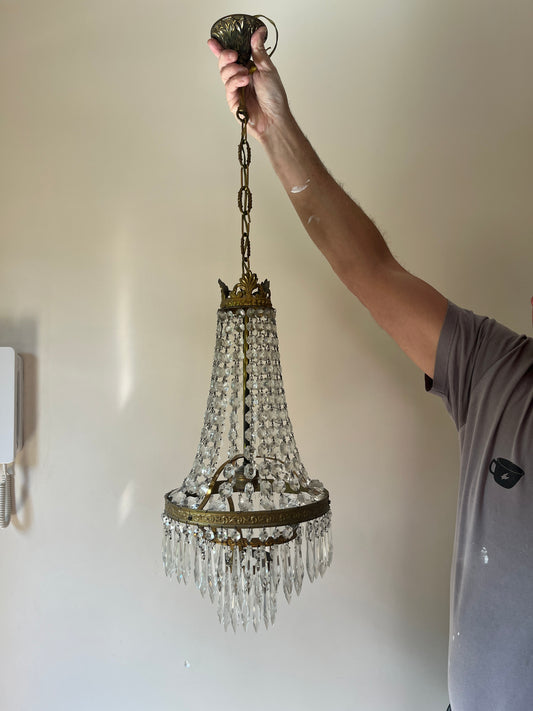 Montgolfière Pendant Chandelier, Gilt Brass and Crystal, Single-Light
