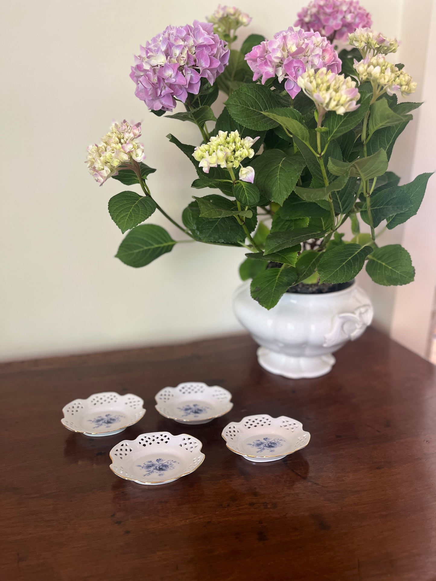 European Pierced Porcelain Dishes with Blue Roses