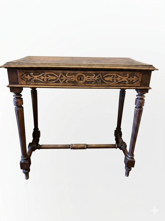 150 Year Old Walnut Writing Desk with Hand-Carved Apron and Original Leather Top