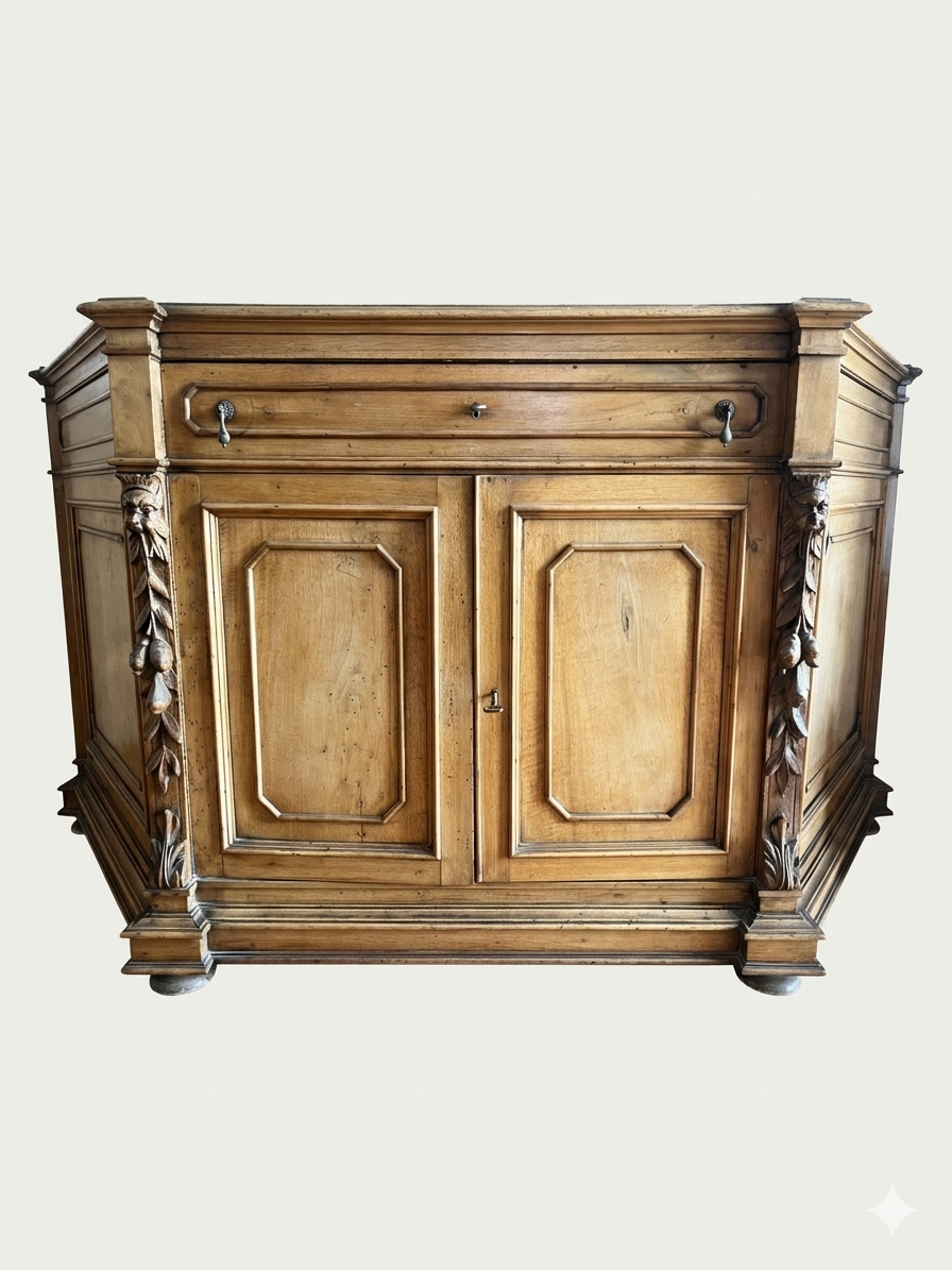Italian Renaissance Revival Walnut Credenza with Hand-Carved Caryatids and Grey Marble Top, Trapezoidale circa 1850–1880
