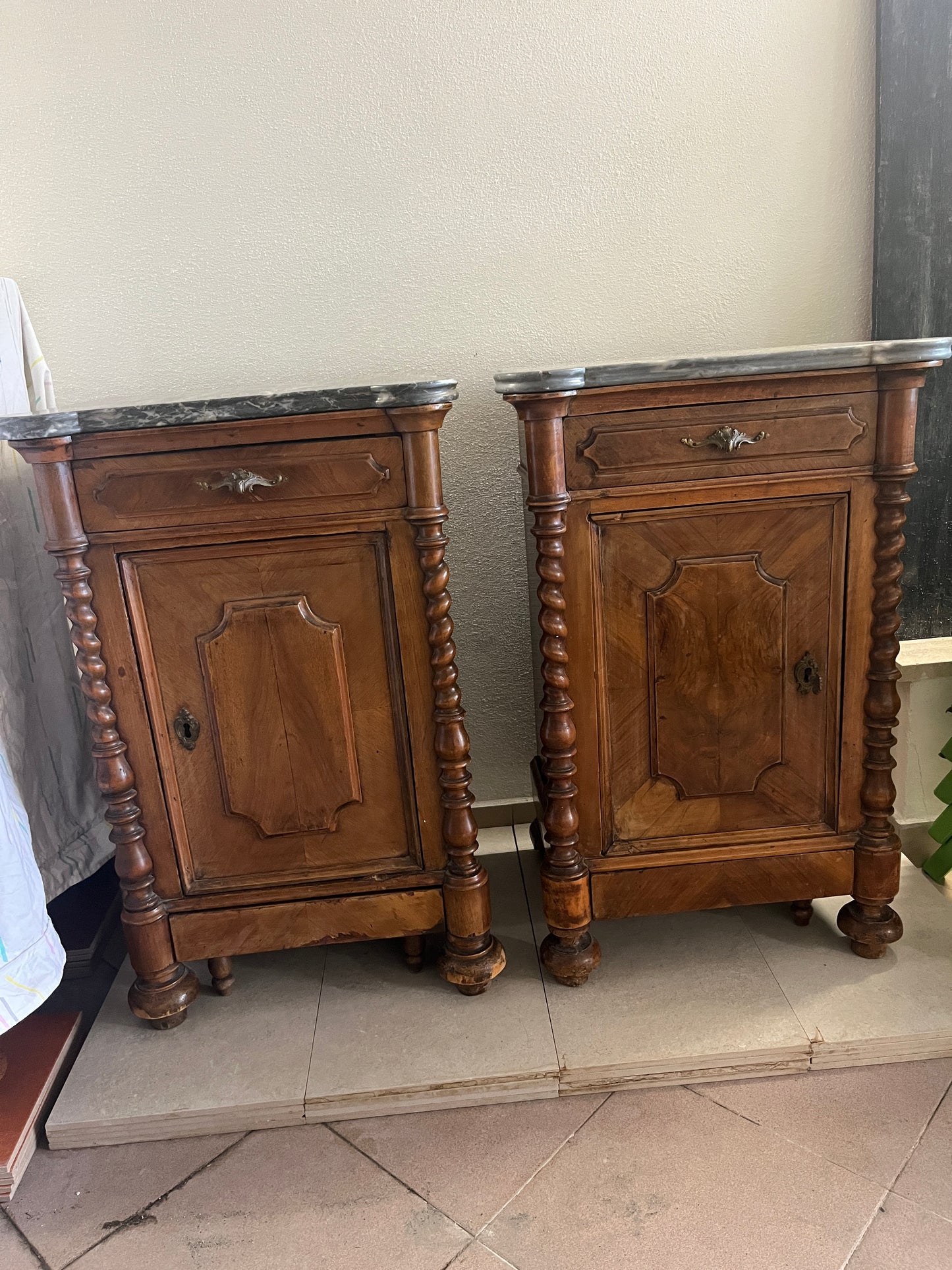 Early 19th Century Italian Louis Philippe Walnut & Grey Marble Bedroom Suite