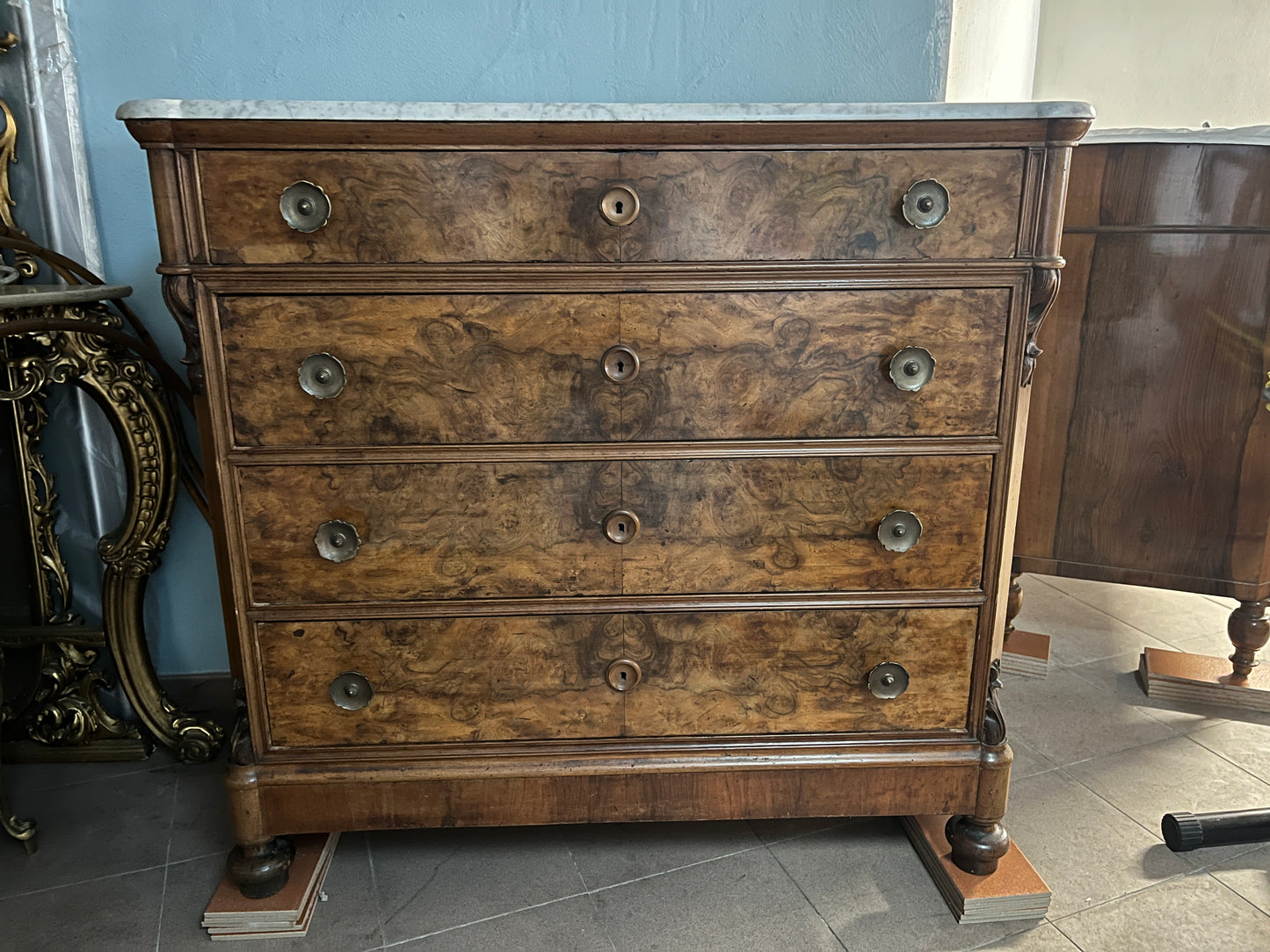 Biedermeier Burled Walnut Chest of Drawers with Marble Top