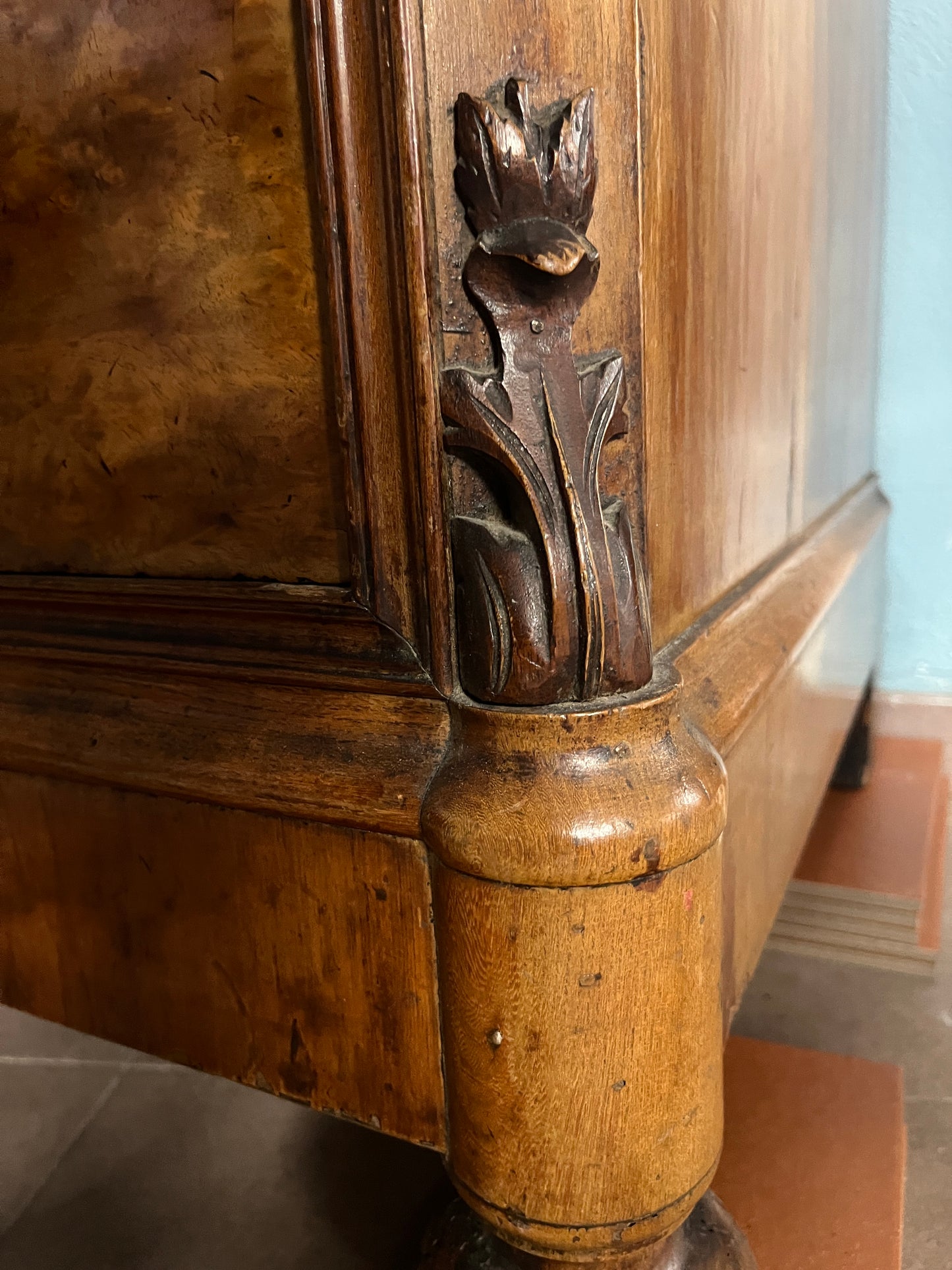 Biedermeier Burled Walnut Chest of Drawers with Marble Top