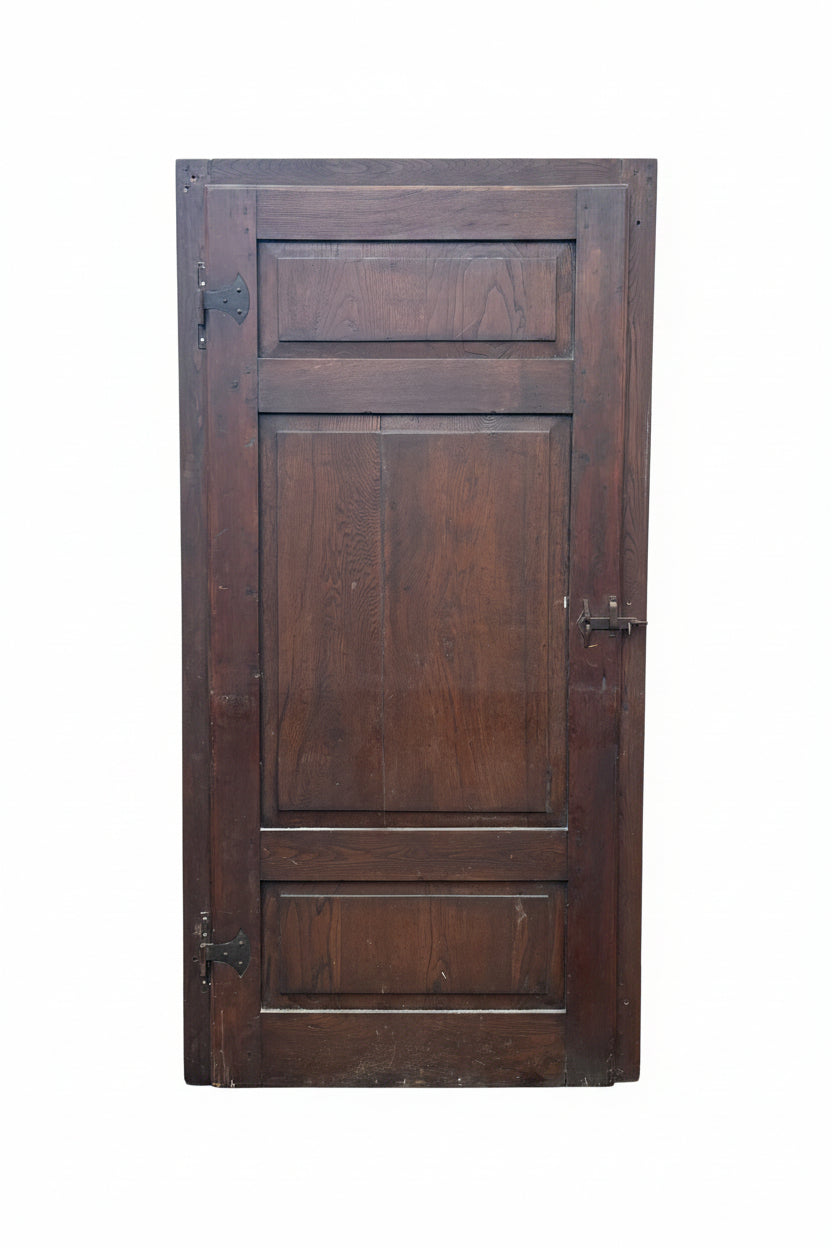 Italian 3-Panel Hand-Planed Oak Door with Wrought Iron Hardware, Early 1900s
