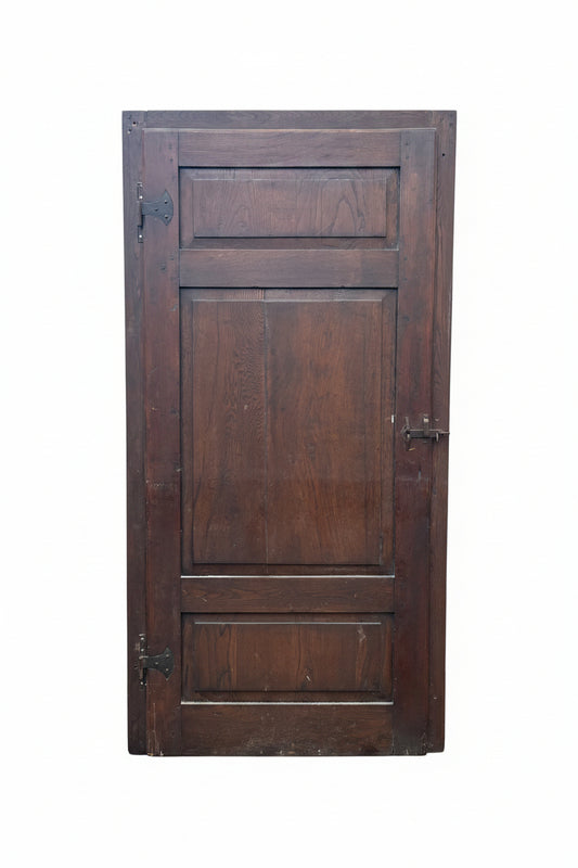 Italian 3-Panel Hand-Planed Oak Door with Wrought Iron Hardware, Early 1900s