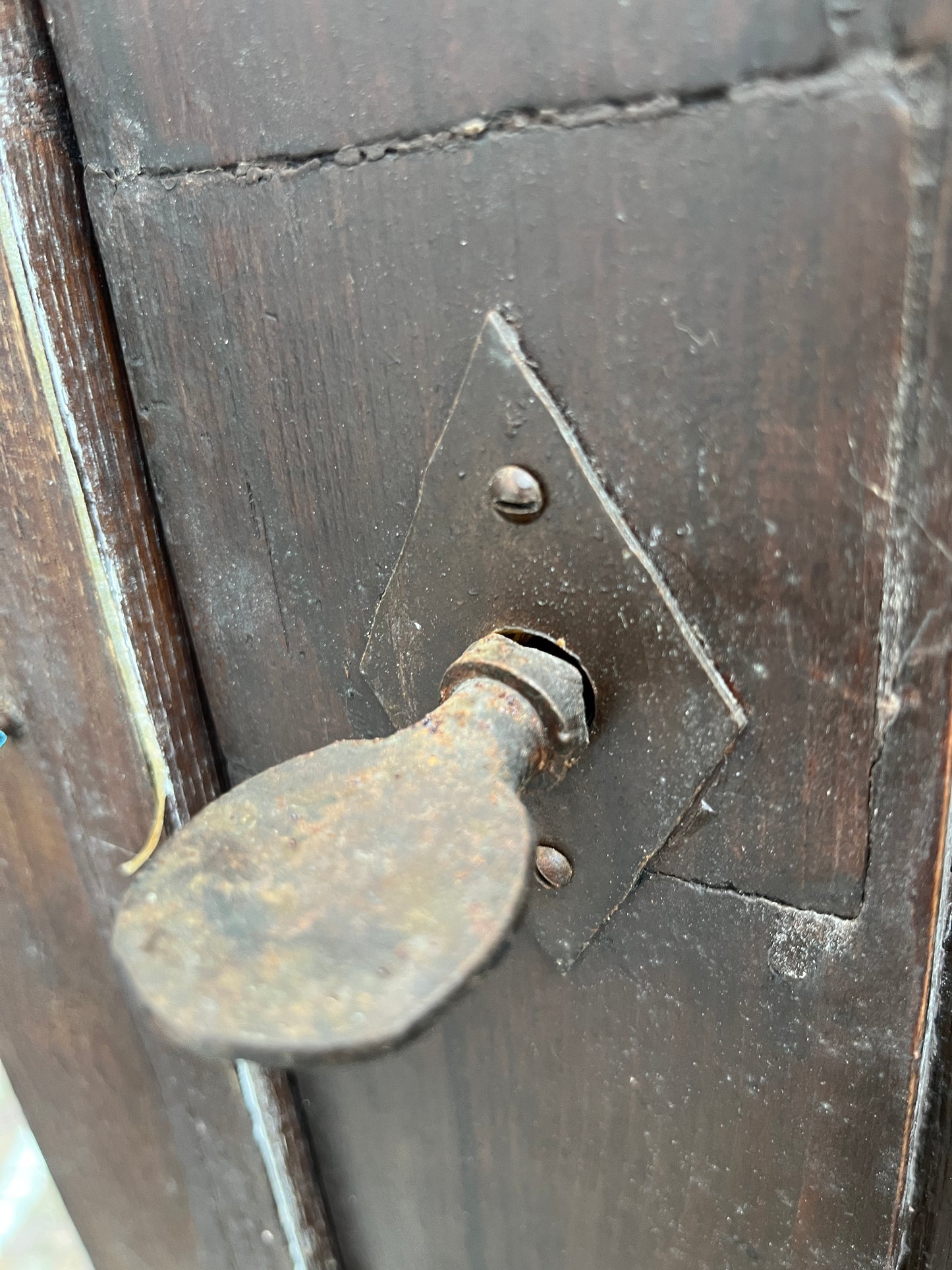 Italian 3-Panel Hand-Planed Oak Door with Wrought Iron Hardware, Early 1900s