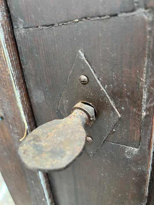 Italian 3-Panel Hand-Planed Oak Door with Wrought Iron Hardware, Early 1900s