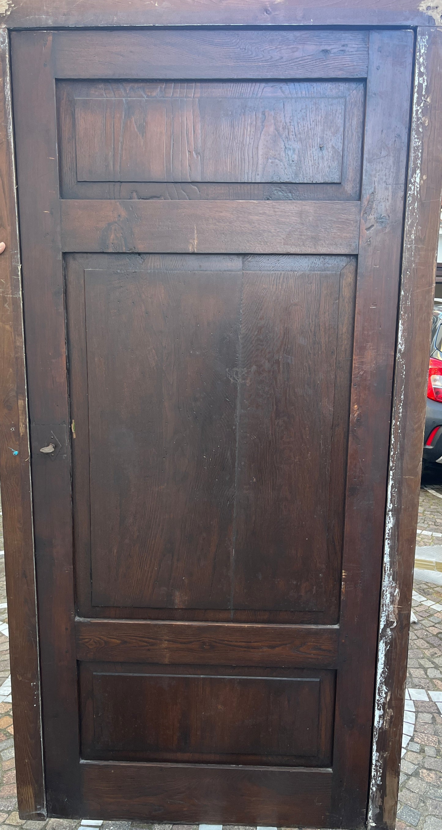 Italian 3-Panel Hand-Planed Oak Door with Wrought Iron Hardware, Early 1900s