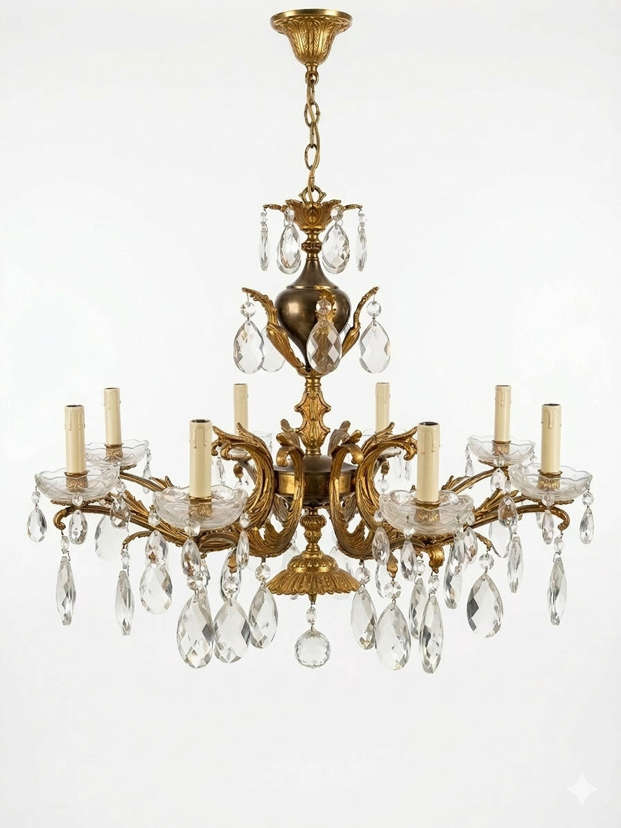 Italian Gilt Brass and Crystal Chandelier, Ten-Arm Rococo Revival