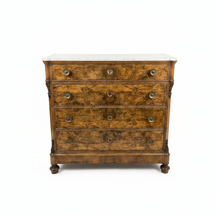 Biedermeier Burled Walnut Chest of Drawers with Marble Top