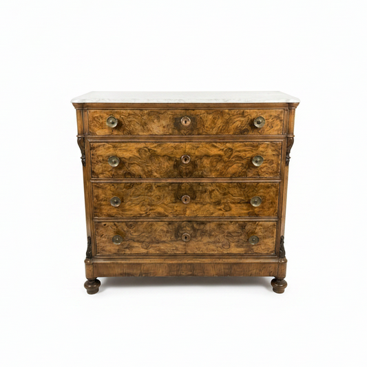 Biedermeier Burled Walnut Chest of Drawers with Marble Top