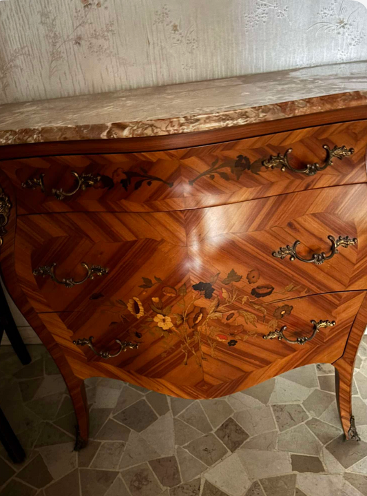Louis XV-Style Serpentine Commode with Marquetry Veneer & Marble Top