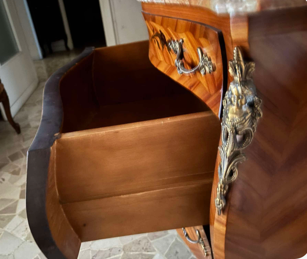 Louis XV-Style Serpentine Commode with Marquetry Veneer & Marble Top