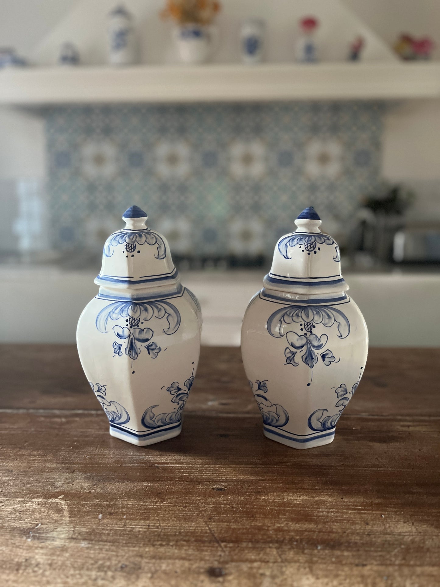 Pair of French Blue & White Lidded Urns