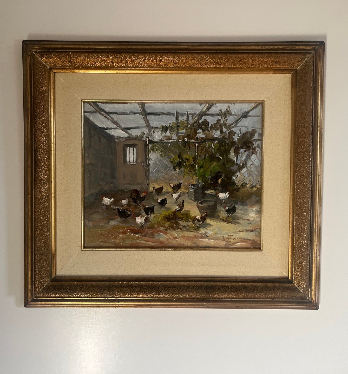 Mid-Century Neapolitan Oil Painting: "Nel Pollaio" (In the Chicken Coop)