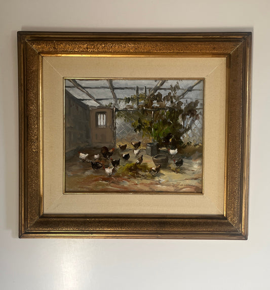 Mid-Century Neapolitan Oil Painting: "Nel Pollaio" (In the Chicken Coop)