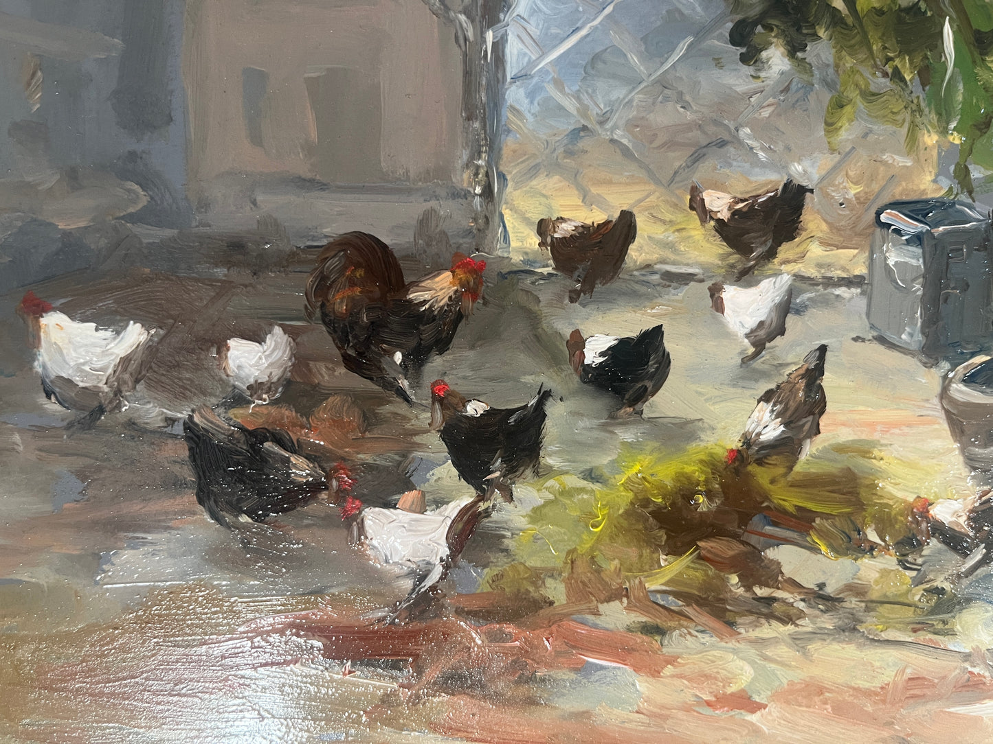 Mid-Century Neapolitan Oil Painting: "Nel Pollaio" (In the Chicken Coop)