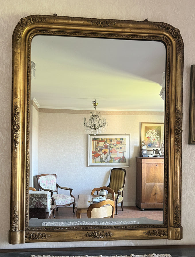 Dreamy Louis Philippe Cintré Gilt Mirror with Floral Cartouches