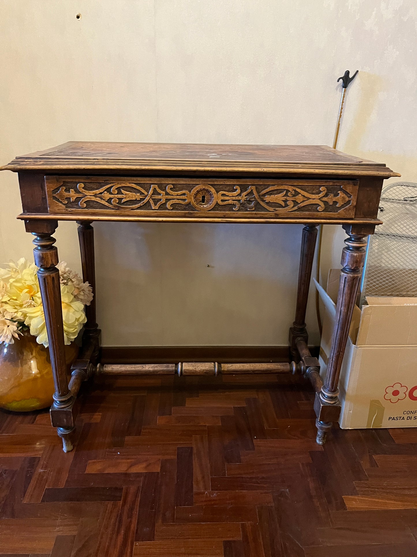 150 Year Old Walnut Writing Desk with Hand-Carved Apron and Original Leather Top