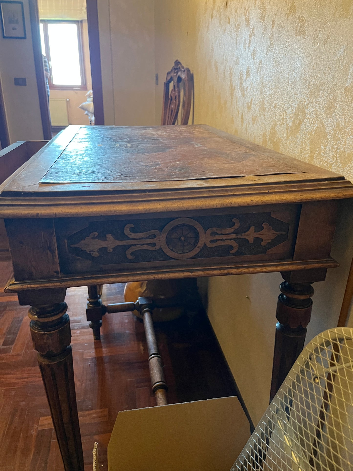 150 Year Old Walnut Writing Desk with Hand-Carved Apron and Original Leather Top