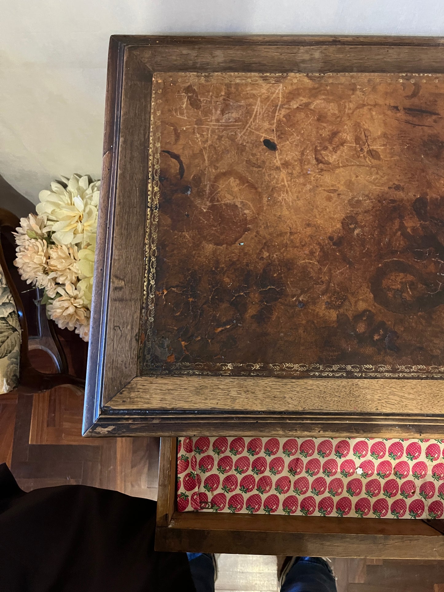 150 Year Old Walnut Writing Desk with Hand-Carved Apron and Original Leather Top