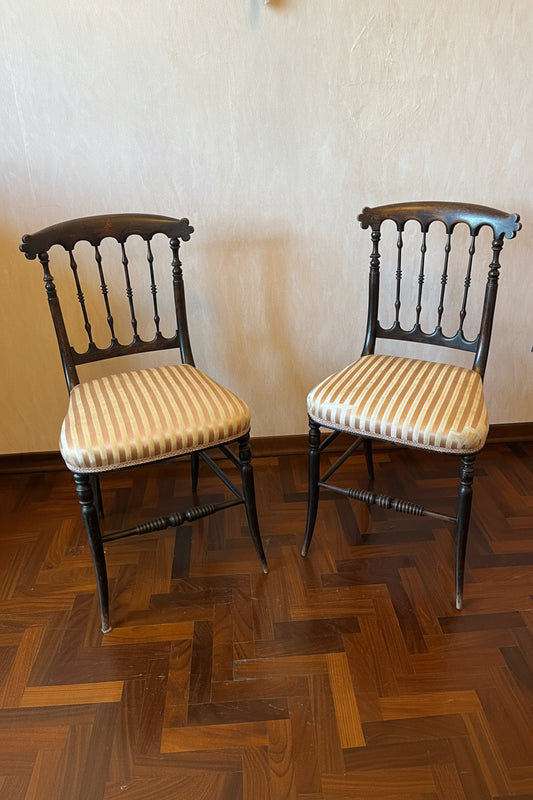 Pair of Ebonized Victorian Chairs with Original Striped Upholstery, circa 1860–1890
