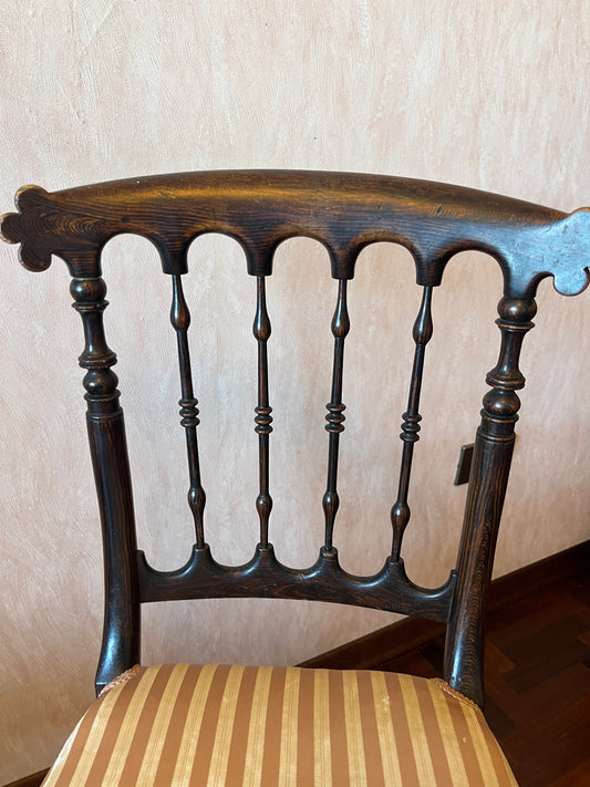 Pair of Ebonized Victorian Chairs with Original Striped Upholstery, circa 1860–1890