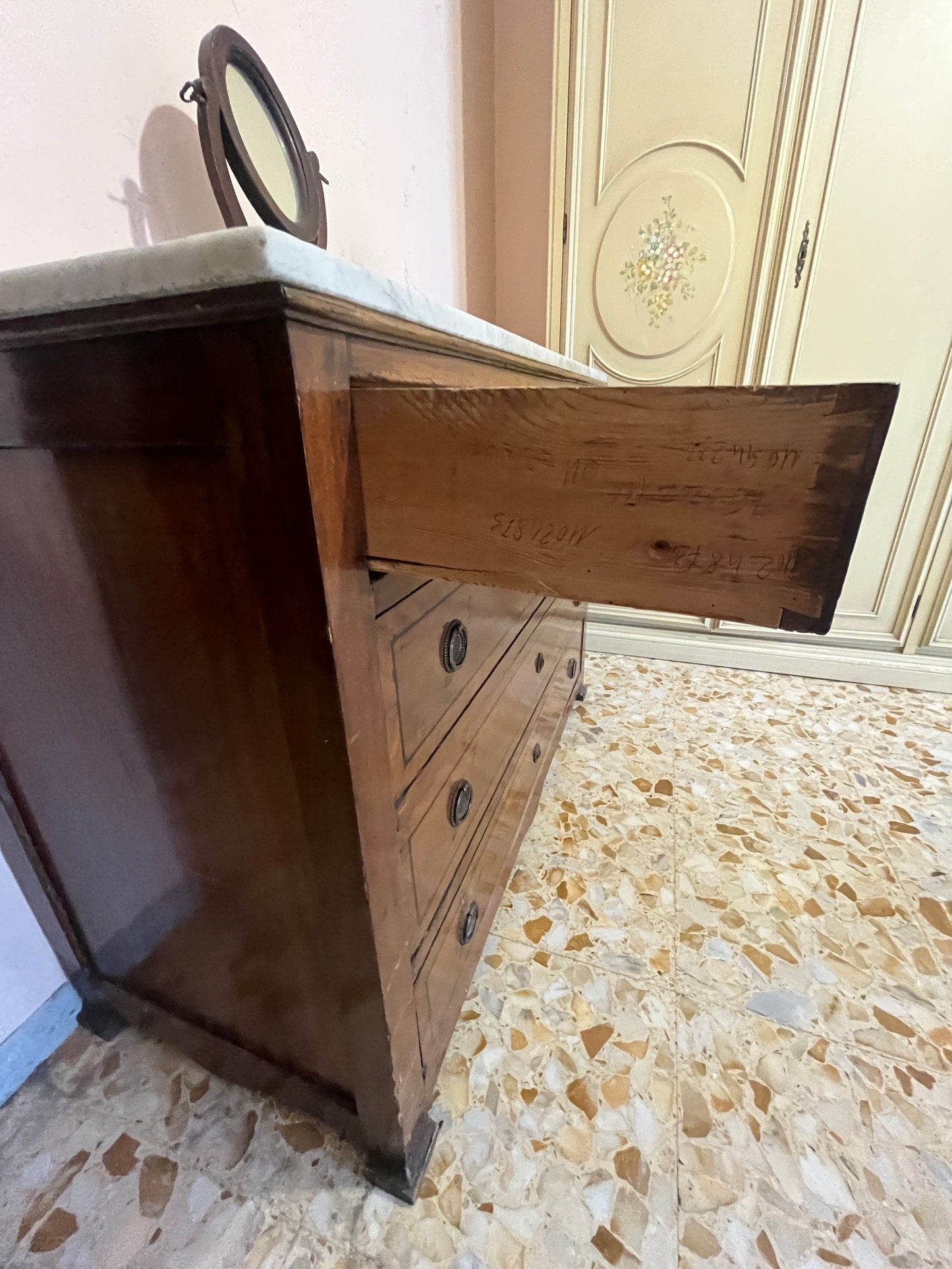 Italian Walnut Bedroom Suite with Grey-Veined Marble Top — Hand-Cut Dovetails