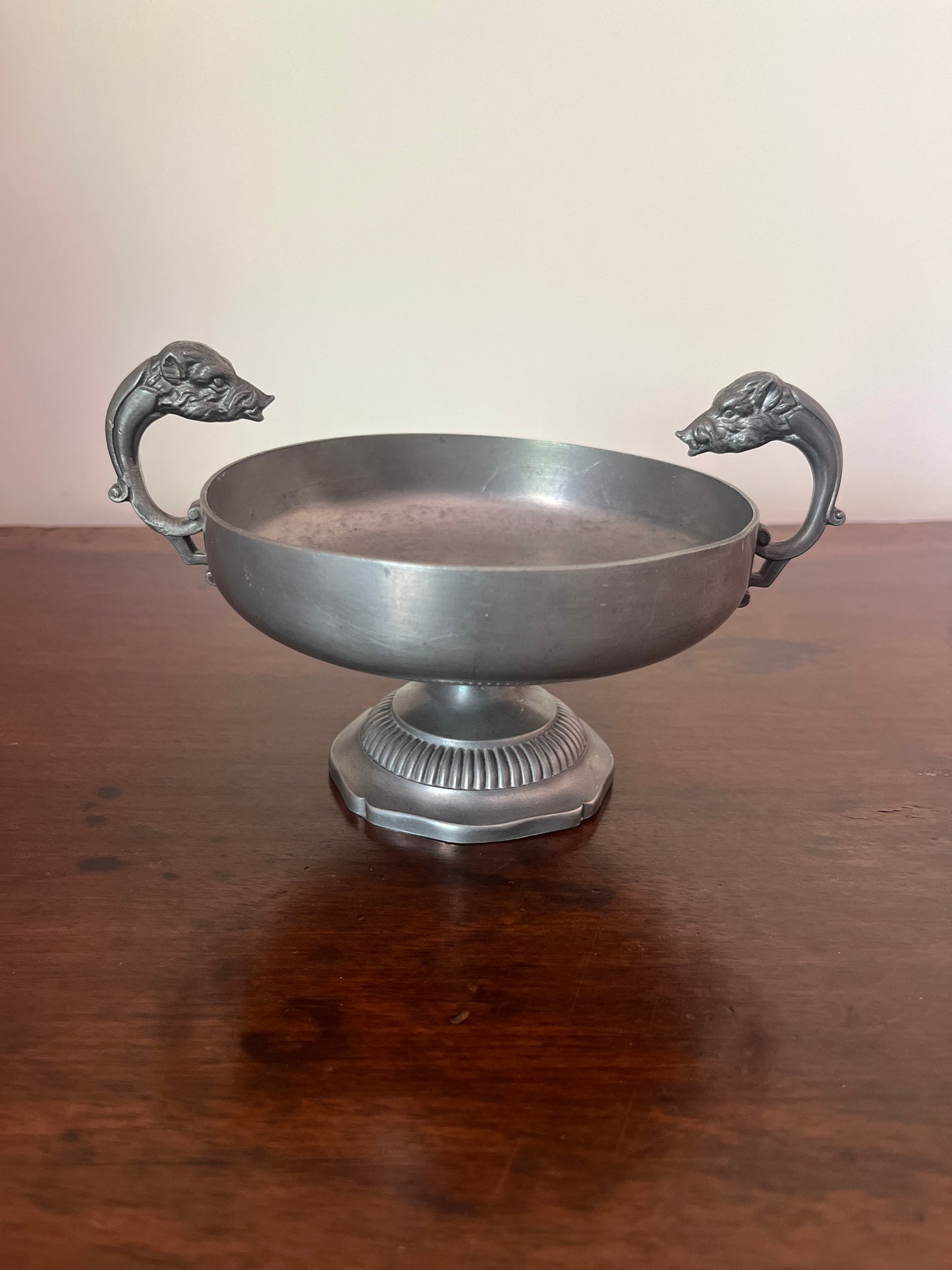 French Pewter Footed Bowl with Boar-Head Handles, "Les Étains du Manoir"