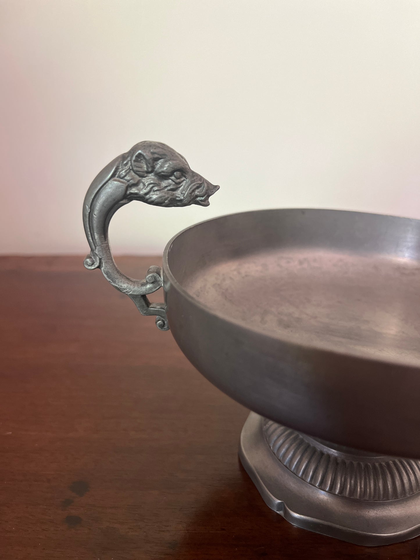 French Pewter Footed Bowl with Boar-Head Handles, "Les Étains du Manoir"