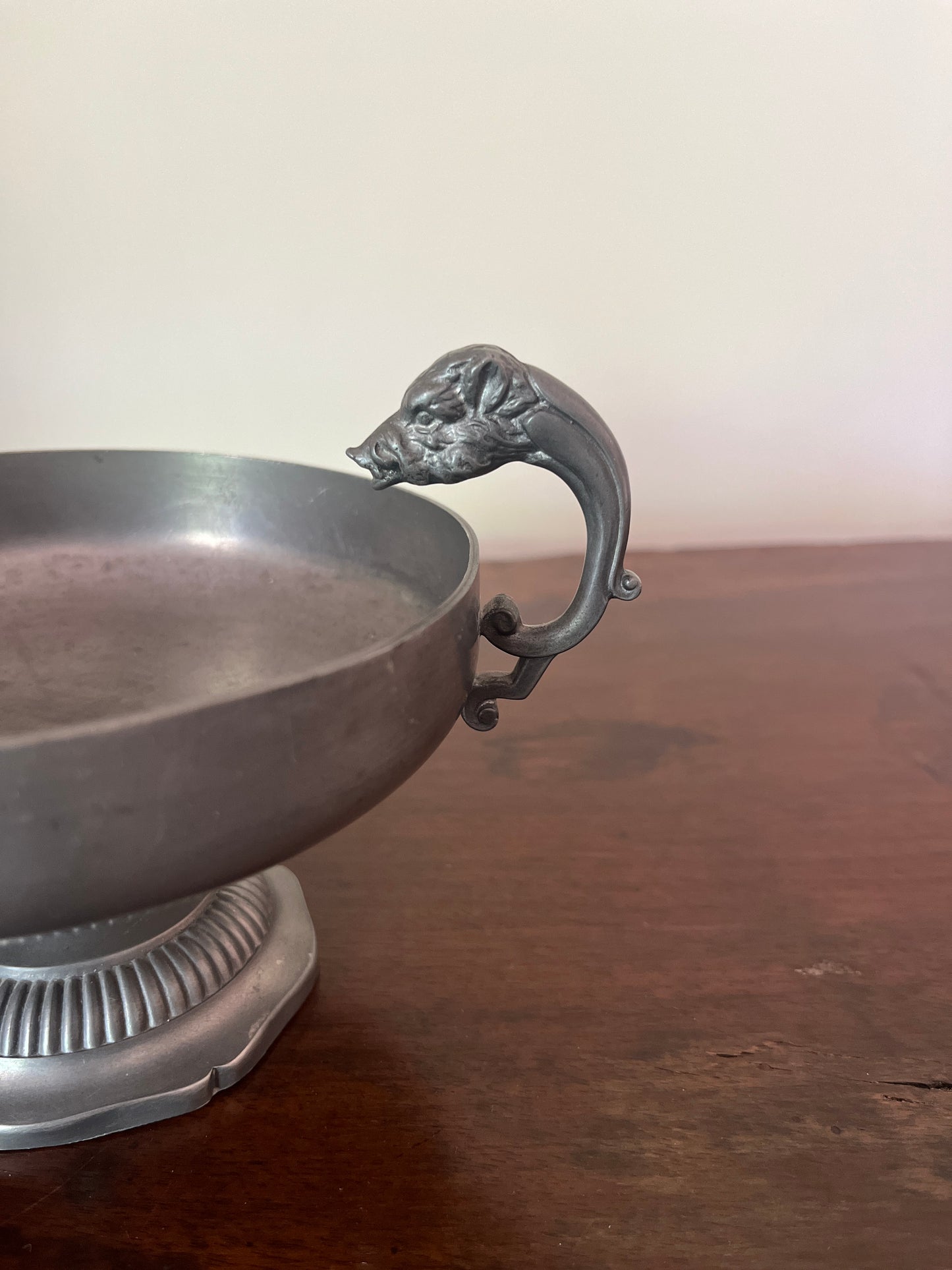 French Pewter Footed Bowl with Boar-Head Handles, "Les Étains du Manoir"