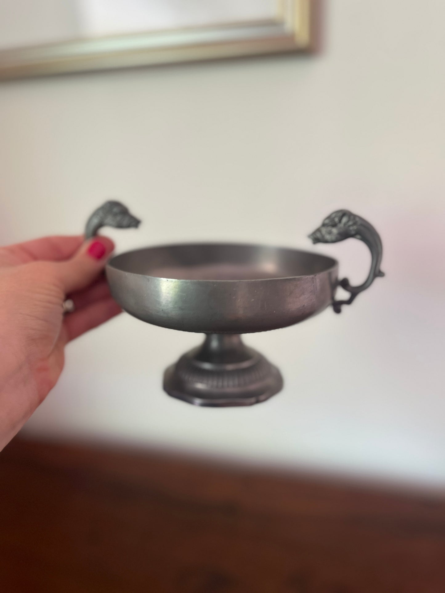 French Pewter Footed Bowl with Boar-Head Handles, "Les Étains du Manoir"