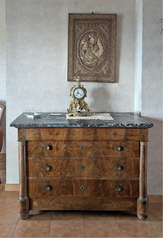 Louis Philippe Burled Walnut Commode with Black & White Marble Top, circa 1840–1870