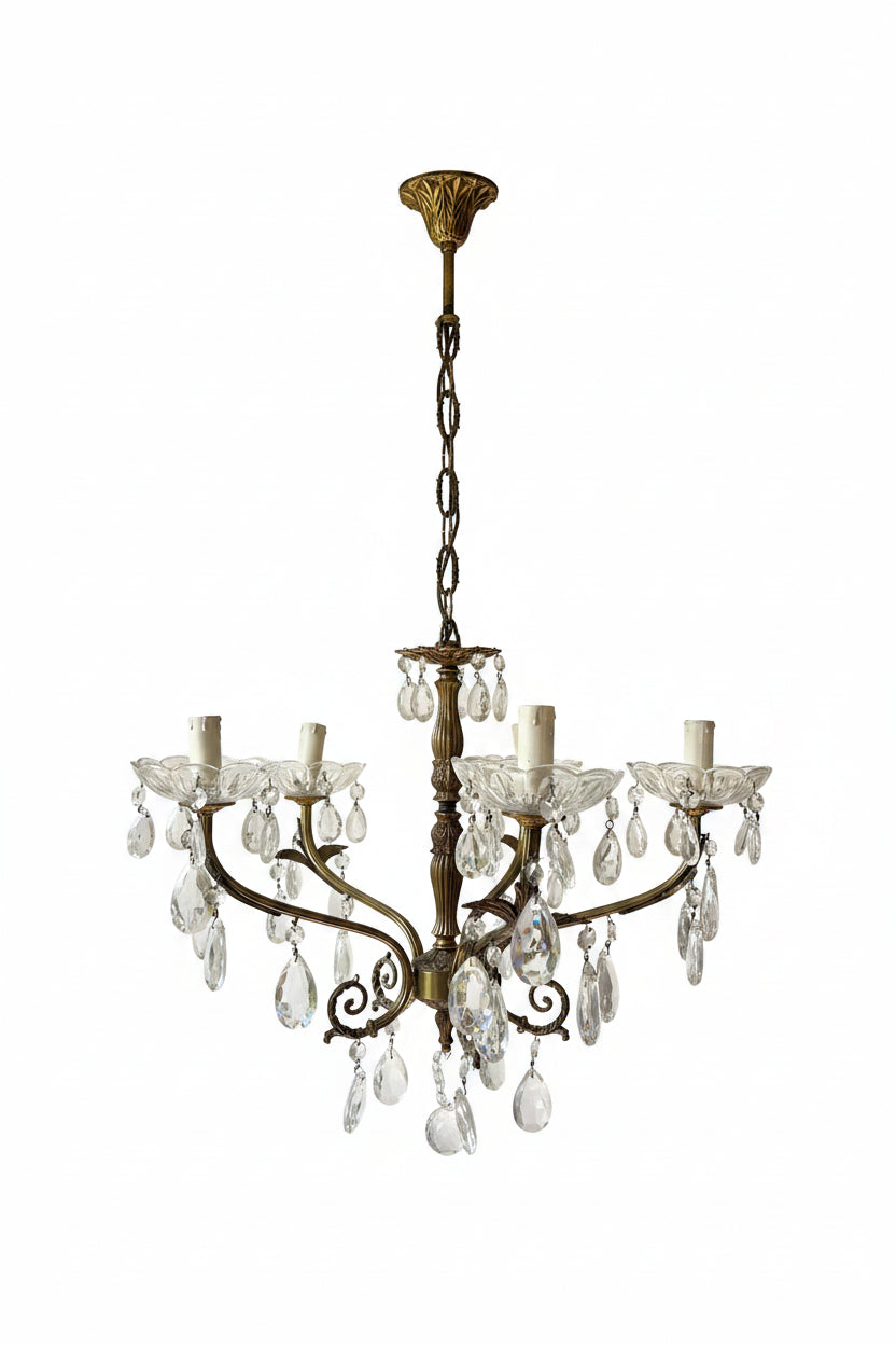 Rococo Revival Bronze and Crystal Pendant Chandelier, Five-Arm