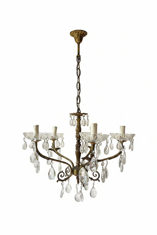 Rococo Revival Bronze and Crystal Pendant Chandelier, Five-Arm