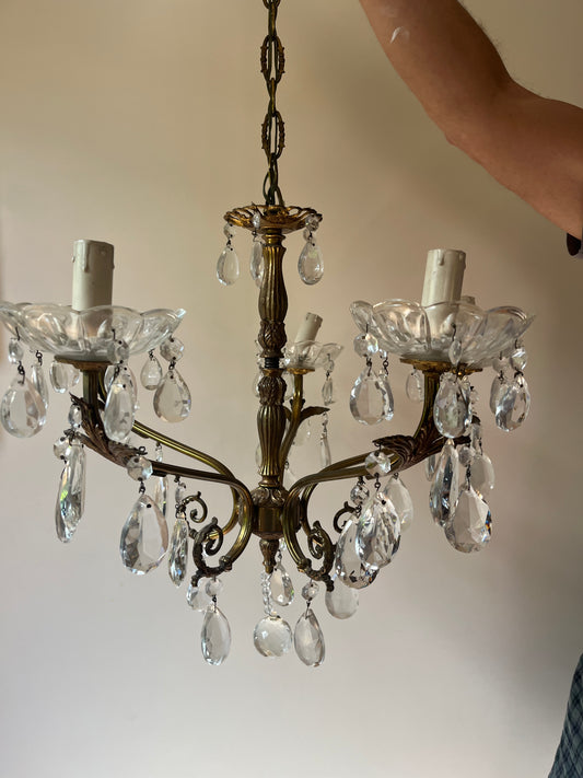Rococo Revival Bronze and Crystal Pendant Chandelier, Five-Arm