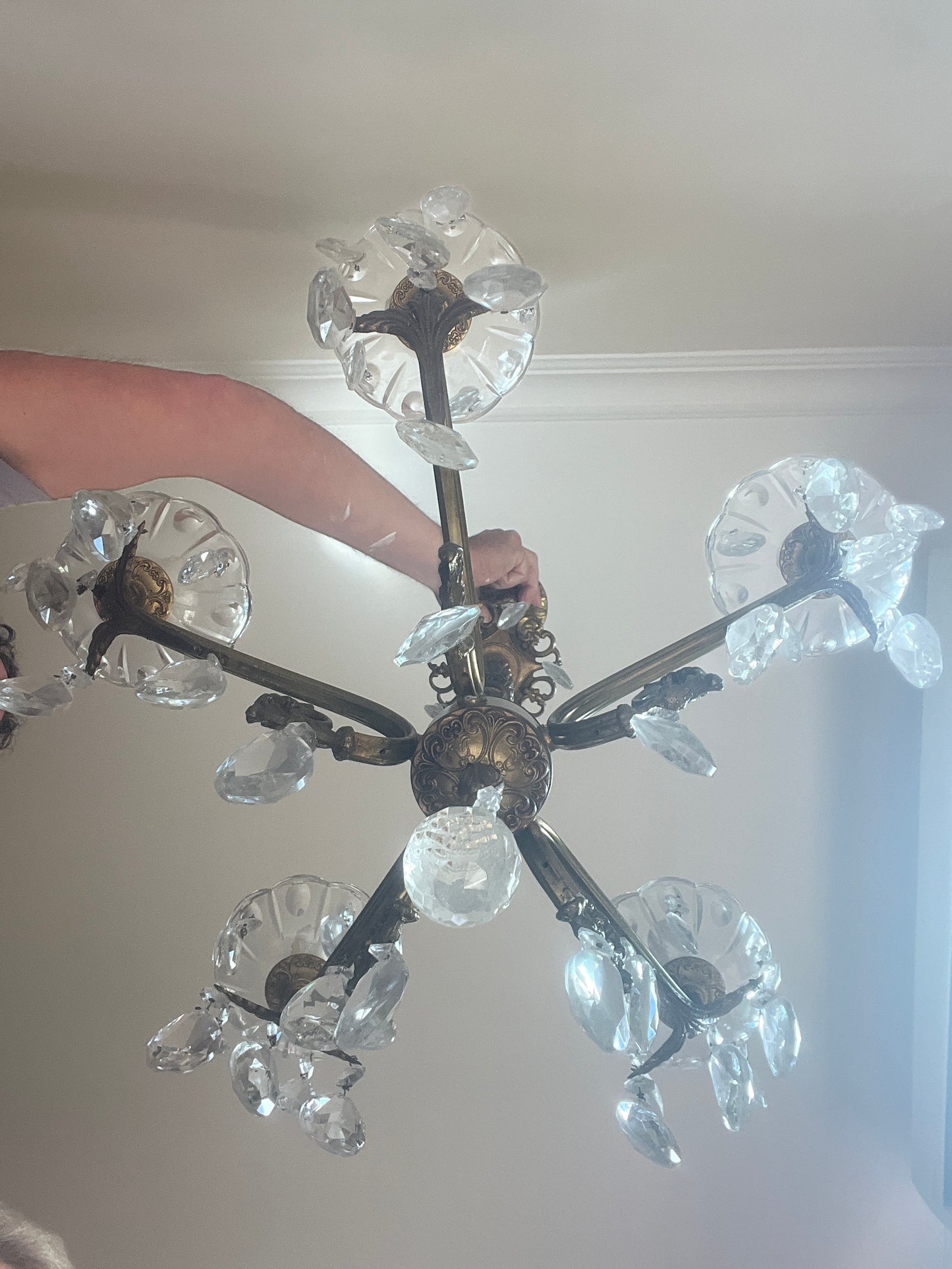 Rococo Revival Bronze and Crystal Pendant Chandelier, Five-Arm