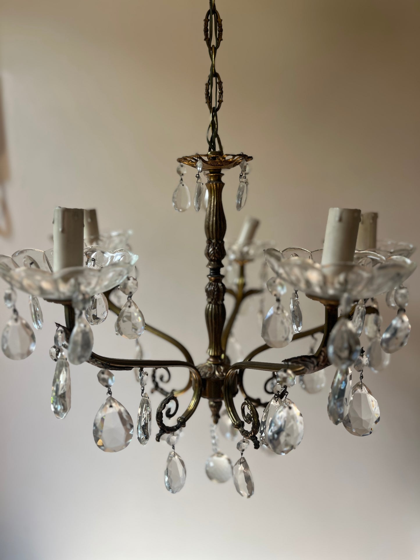 Rococo Revival Bronze and Crystal Pendant Chandelier, Five-Arm