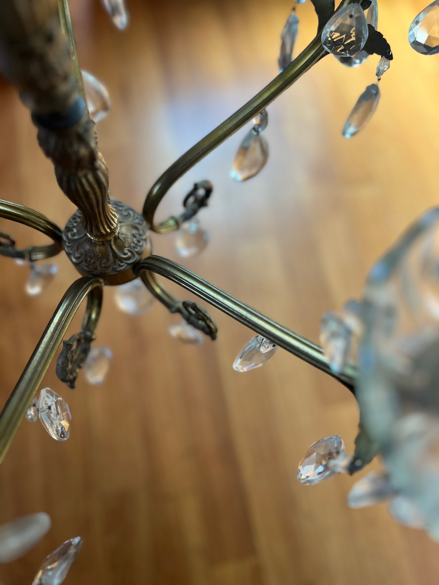 Rococo Revival Bronze and Crystal Pendant Chandelier, Five-Arm