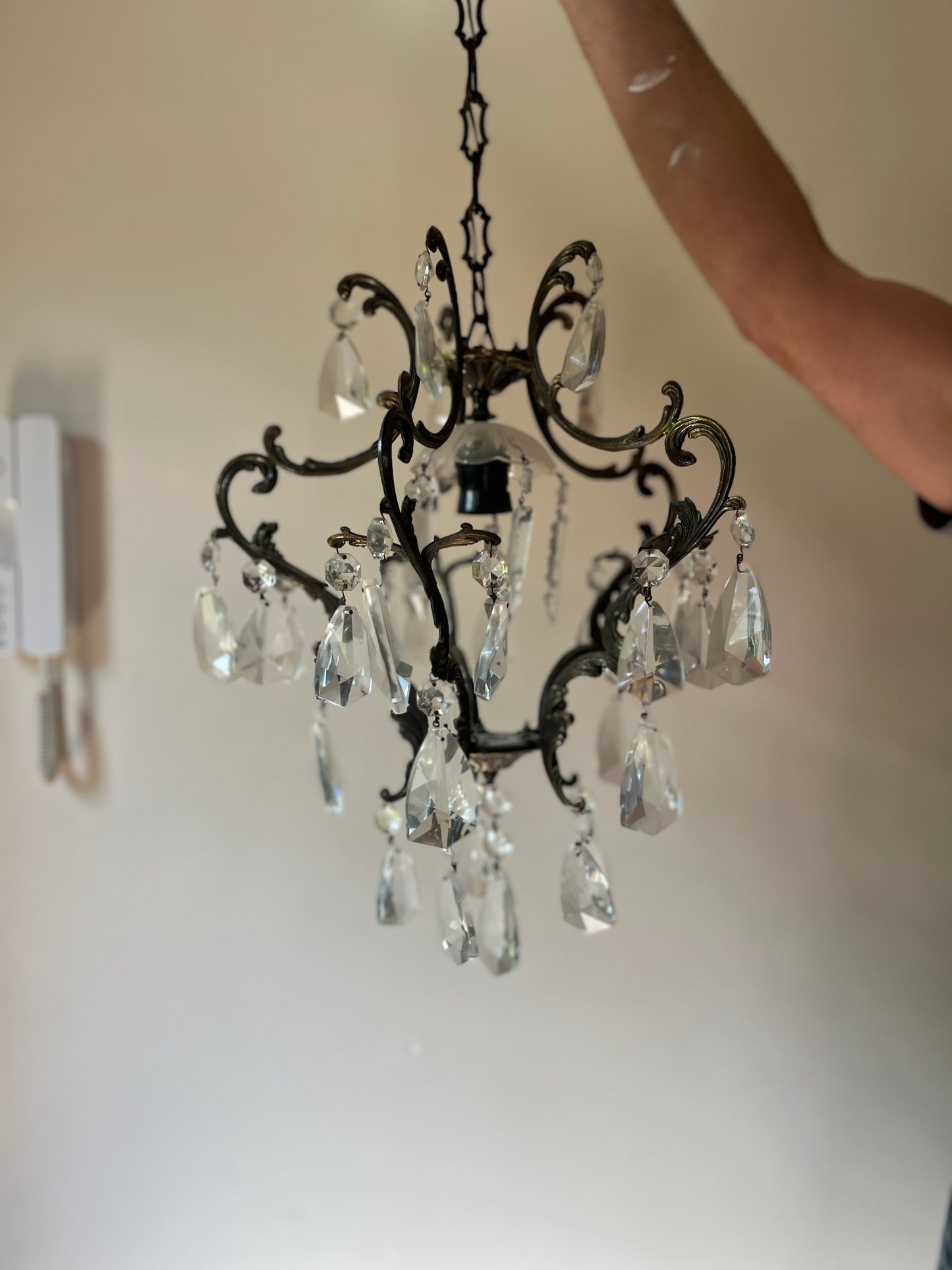 Italian Bronze & Crystal Pendant Chandelier, Four-Arm Rococo