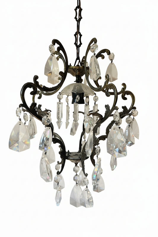 Italian Bronze & Crystal Pendant Chandelier, Four-Arm Rococo