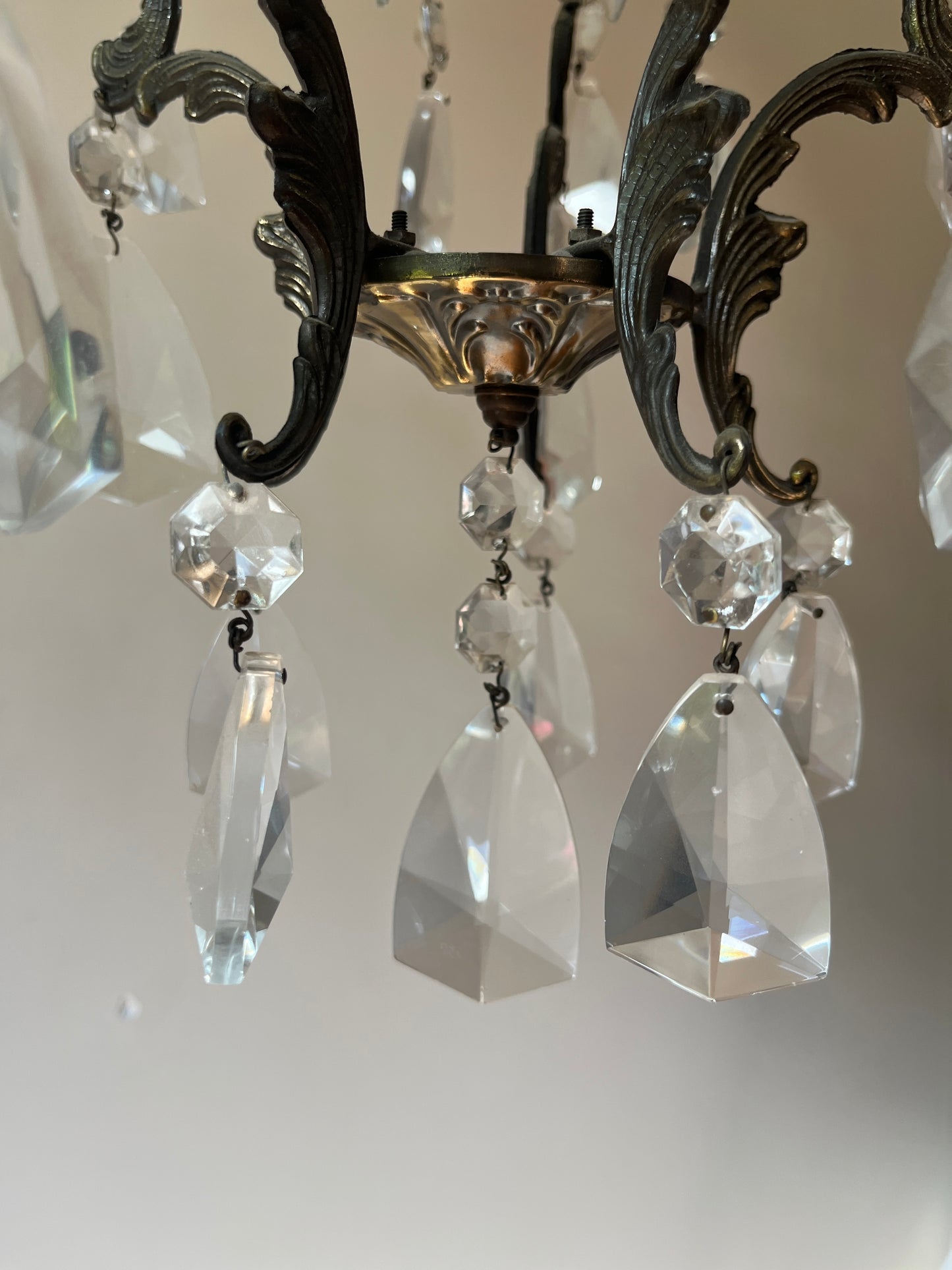 Italian Bronze & Crystal Pendant Chandelier, Four-Arm Rococo