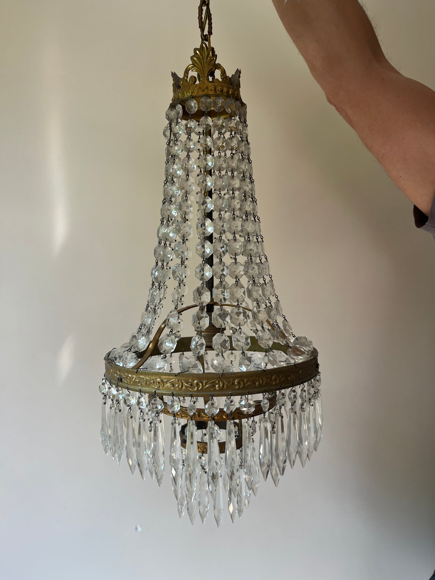 Montgolfière Pendant Chandelier, Gilt Brass and Crystal, Single-Light