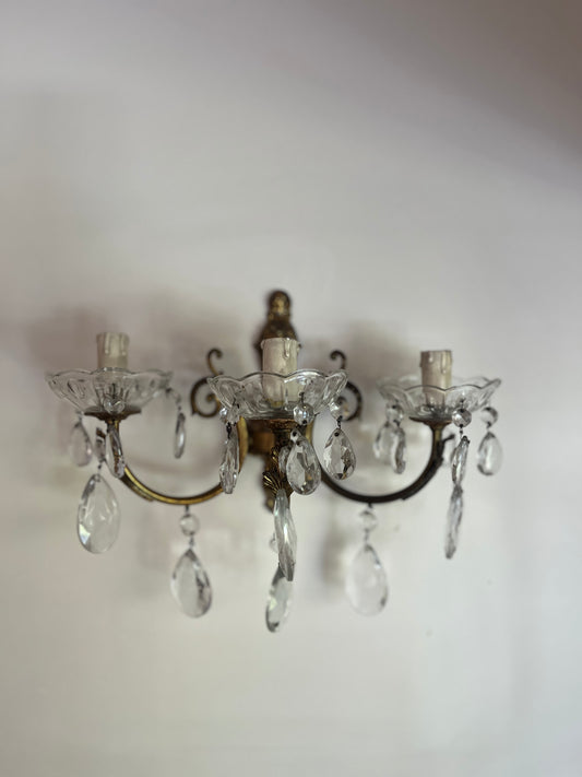 Italian Bronze and Crystal Wall Sconce, Three-Arm