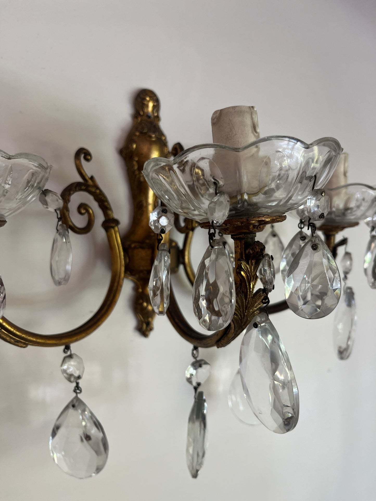 Italian Bronze and Crystal Wall Sconce, Three-Arm