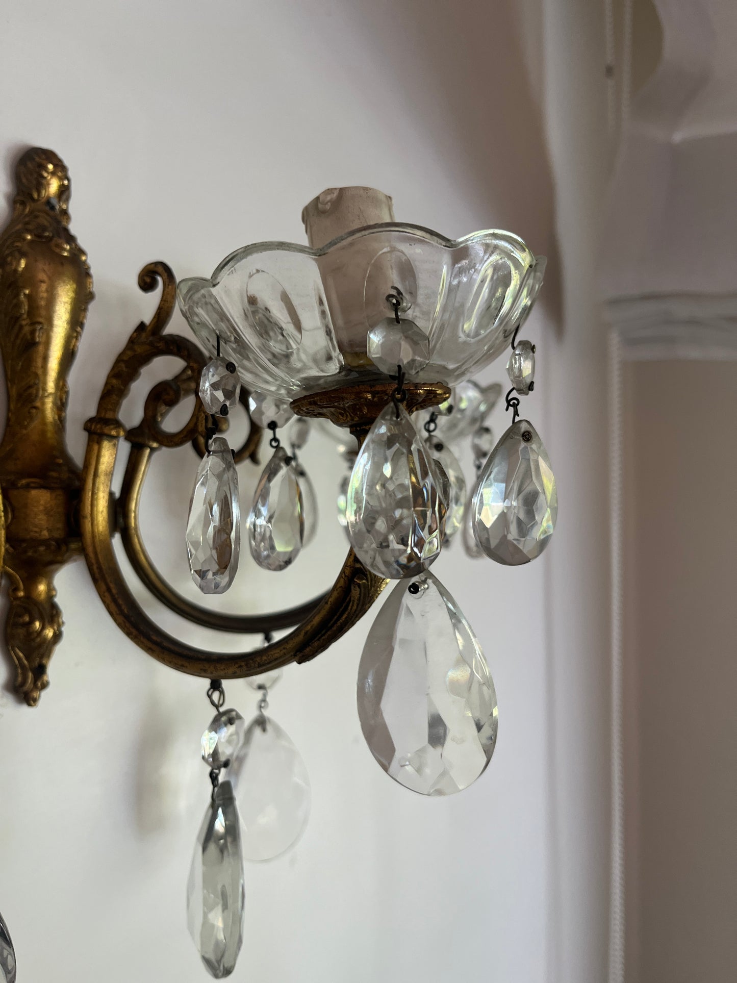 Italian Bronze and Crystal Wall Sconce, Three-Arm